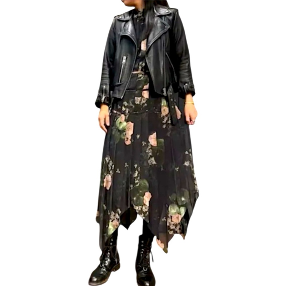 RARE All Saints Coco Asago dress — black floral pleated midi asymmetric NWT - Picture 5 of 15